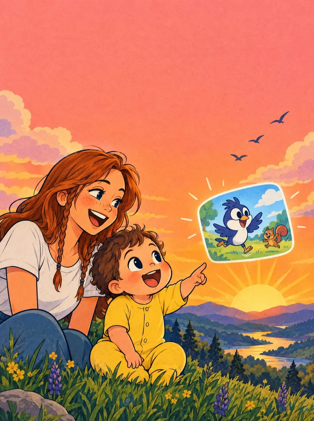 Illustration : une maman et son bébé assis dans l’herbe au lever du soleil, le bébé montre un oiseau du doigt.